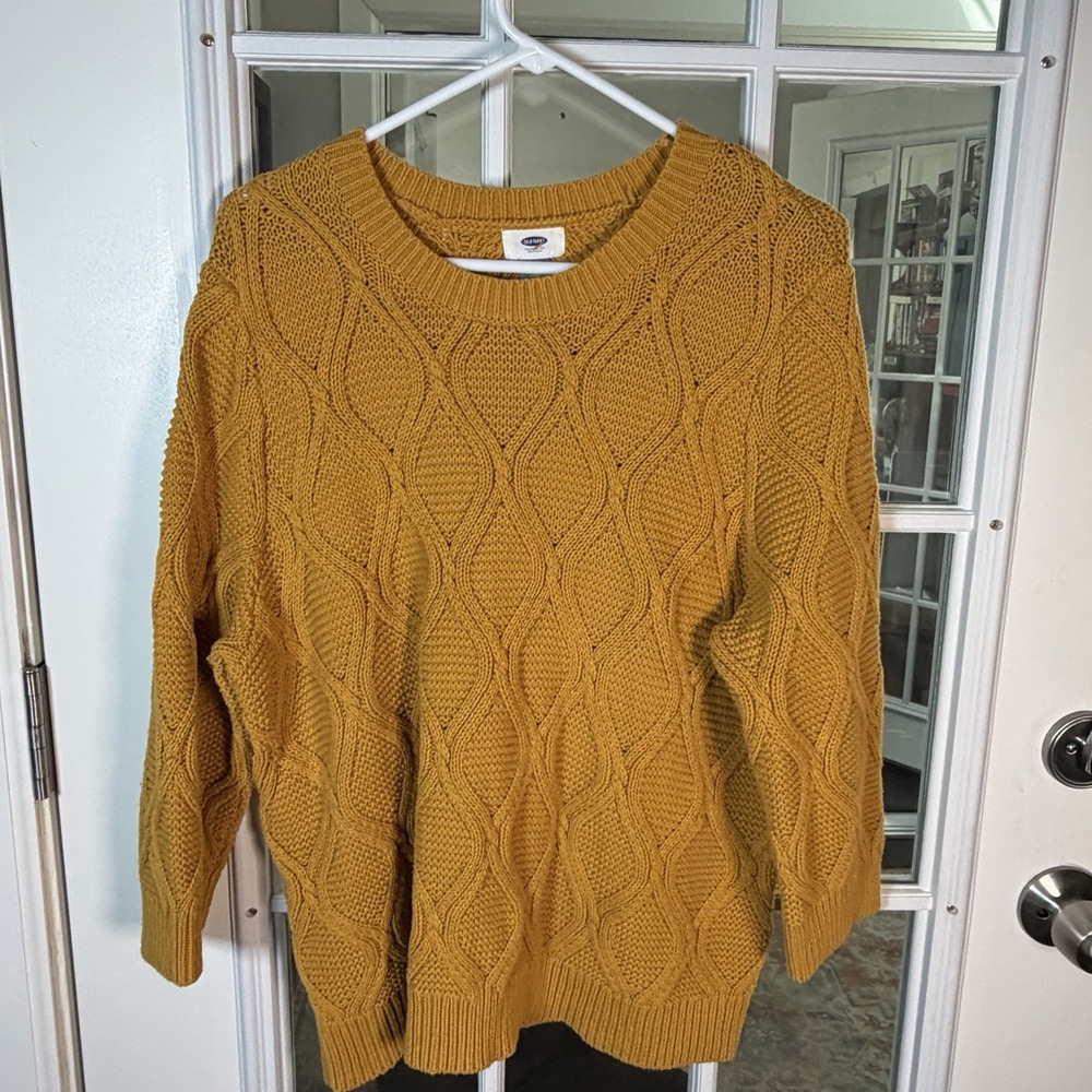 Old Navy Mustard Yellow Cable Knit Sweater Chunky Textured Autumn Grandma XXL